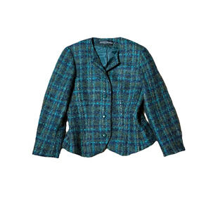 Vintage Herbert Grossman Tweed Suit Jacket Wool Blazer Parisian Chic Blue Green